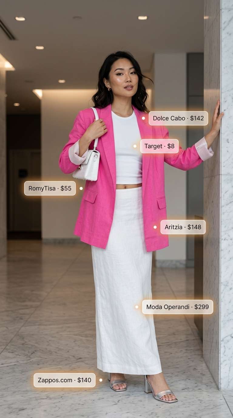 Hot pink linen blazer for bold summer work outfits for women 2026. Paired with white trousers and silver sandals.
