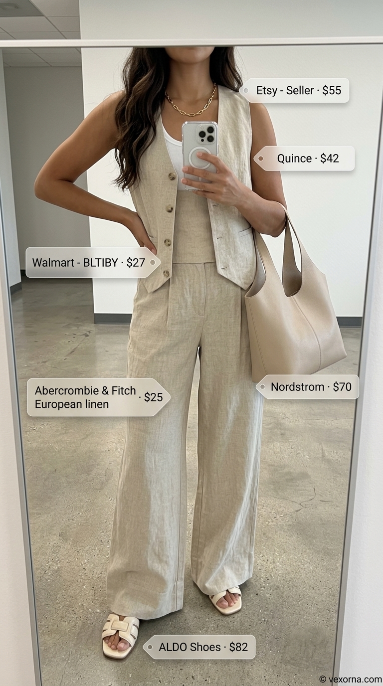 Sand Beige linen blend vest and trousers set with white tank and slides for summer linen work outfits for women 2026.