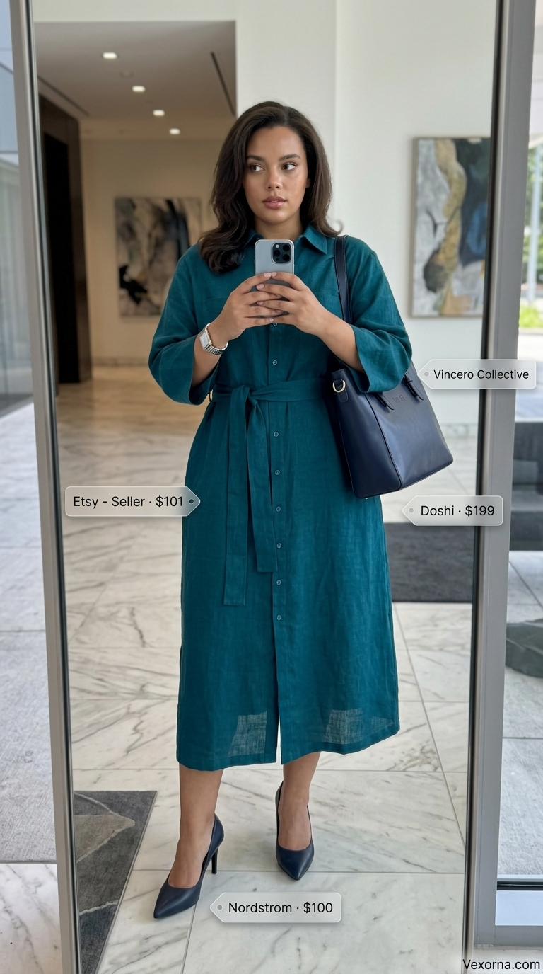 Deep Teal linen blend midi shirtdress with navy pumps and tote for summer linen work outfits for women 2026.