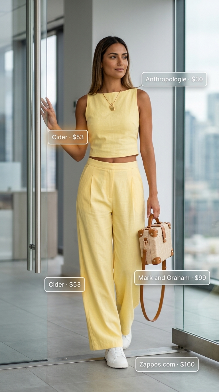 Yellow linen matching set for summer work outfits for women 2026. Casual Friday look with white sneakers and raffia bag.