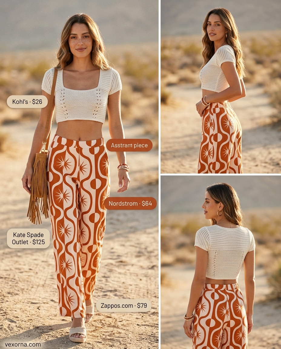 Boho summer outfit with terracotta low-waist trousers, cream crochet top, and fringe bag. Perfect for festivals.