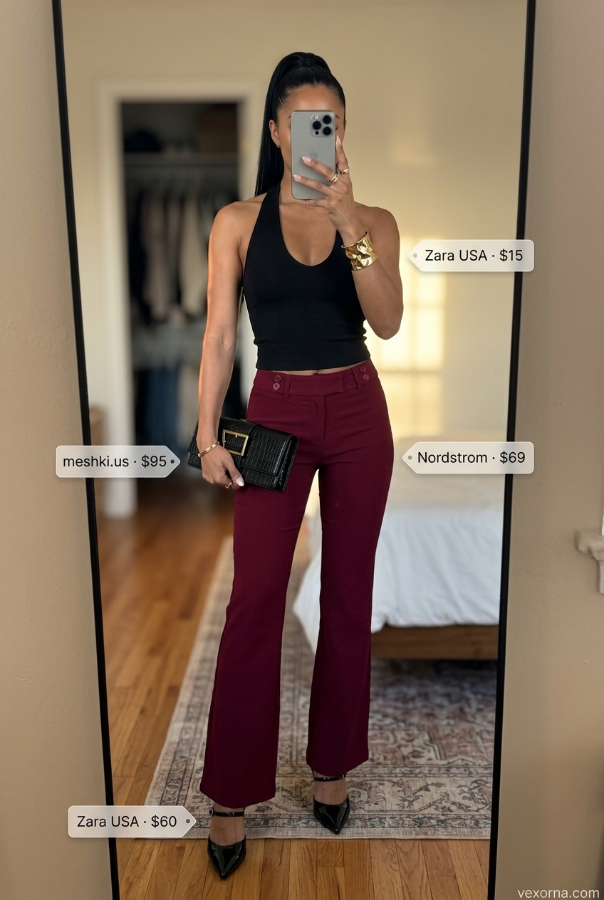 Bold bright red low-waist flared trousers for women 2026, perfect for summer parties and nights out.