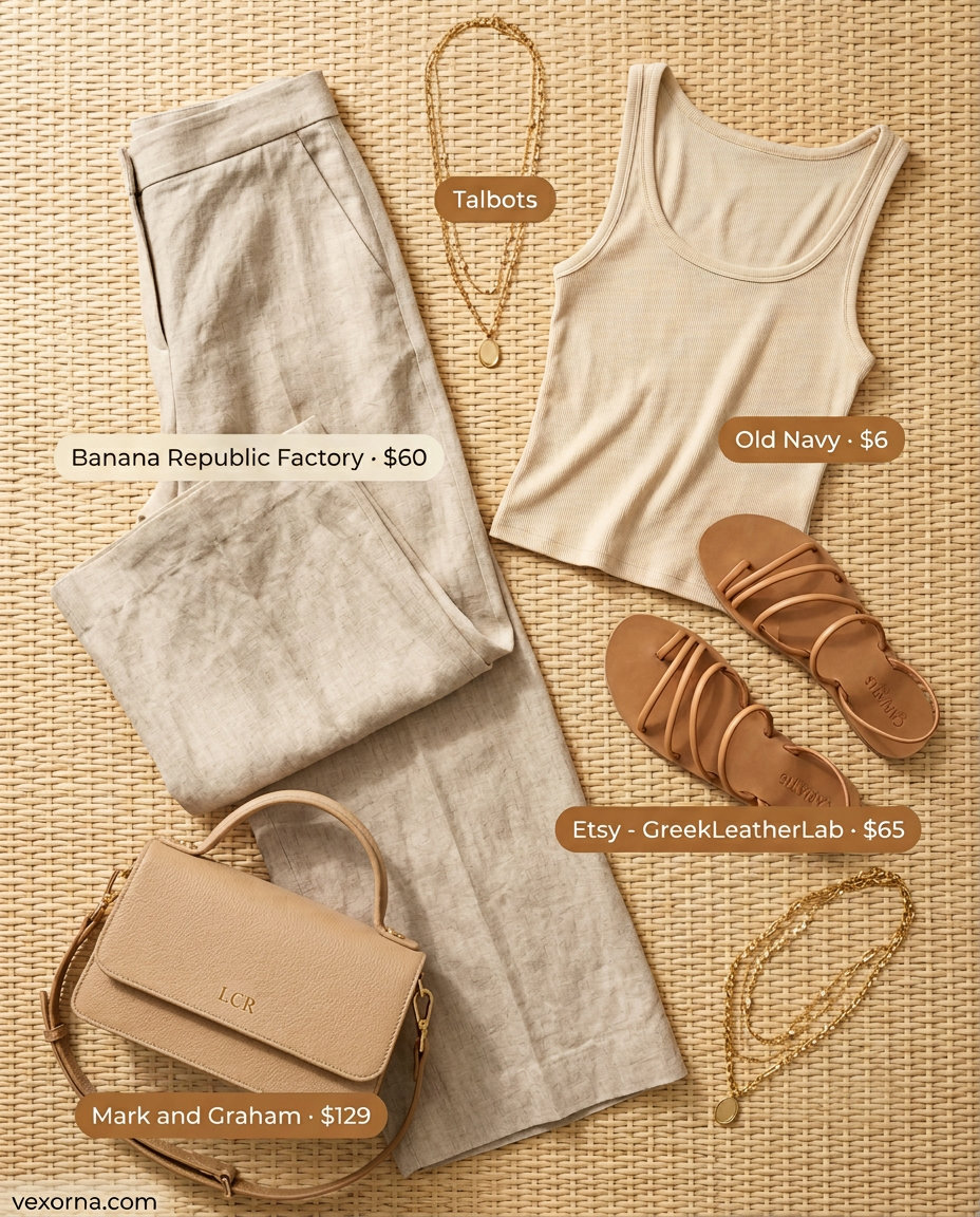 Effortless coastal outfit with sand low-waist linen trousers, cream tank, and leather crossbody for 2026.