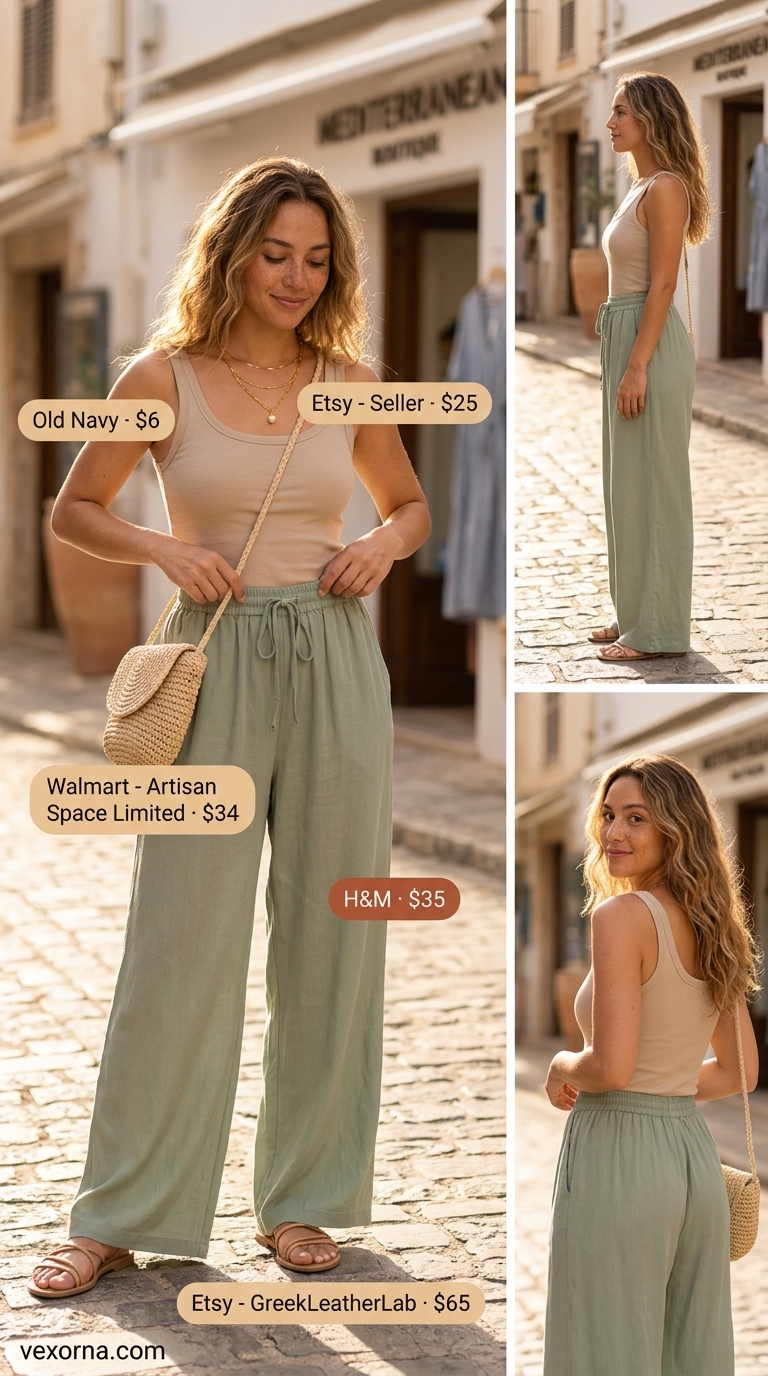 Sage green low-waist linen trousers for women 2026, paired with a cream tank and layered gold necklaces.