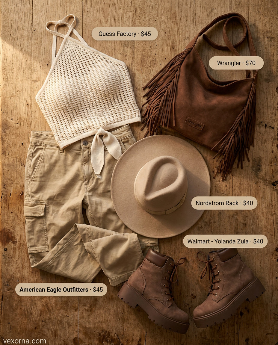 Festival outfit with khaki low-waist cargo trousers, crochet halter top, and combat boots for 2026.