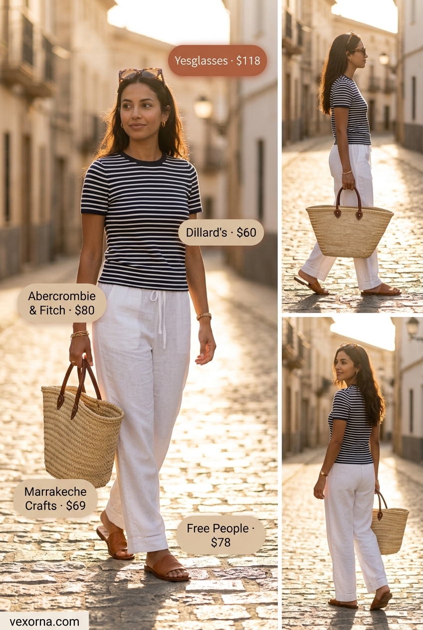 Mediterranean vacation outfit with white low-waist linen trousers, striped knit top, and straw tote for 2026.