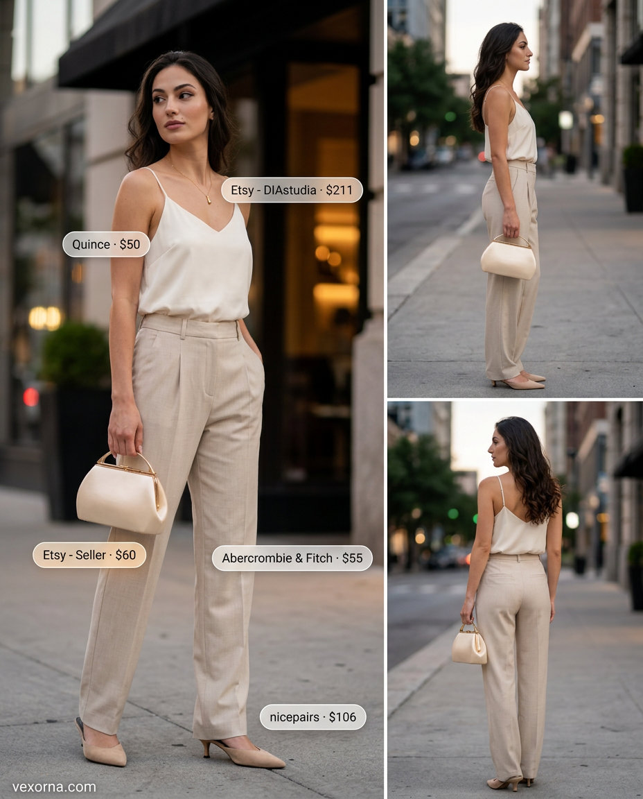 Elegant ivory silk camisole with beige low-waist trousers for women 2026, minimalist evening look.
