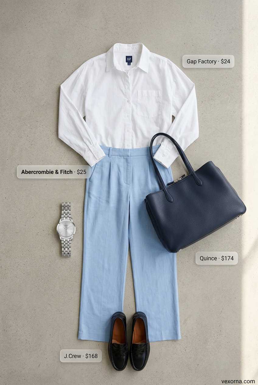 Polished summer office look with soft grey low-waist trousers, white button-down, and loafers for 2026.