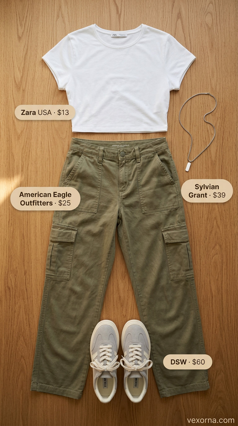 Retro olive green low-waist cargo trousers for women 2026, great for casual days and shopping.
