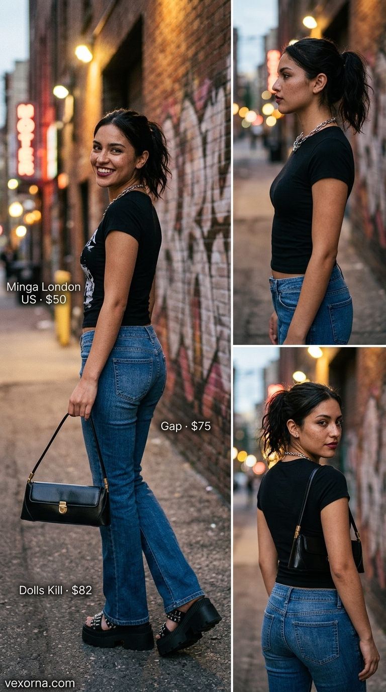 Retro denim outfit with low-waist flared trousers, graphic tee, and chunky sandals for 2026.