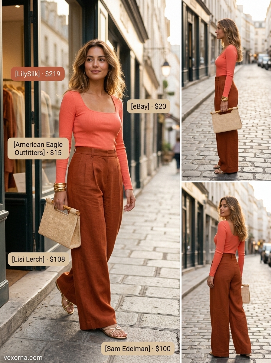 Vibrant terracotta low-waist flowing trousers for women 2026, paired with a coral knit top and gold sandals.
