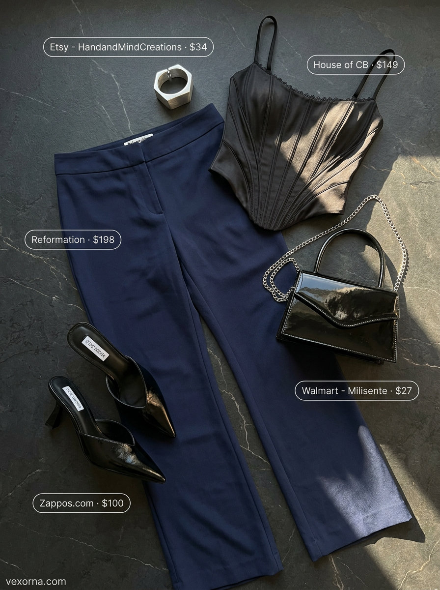 Chic cobalt blue low-waist trousers for women 2026, paired with a black corset top and silver accessories.