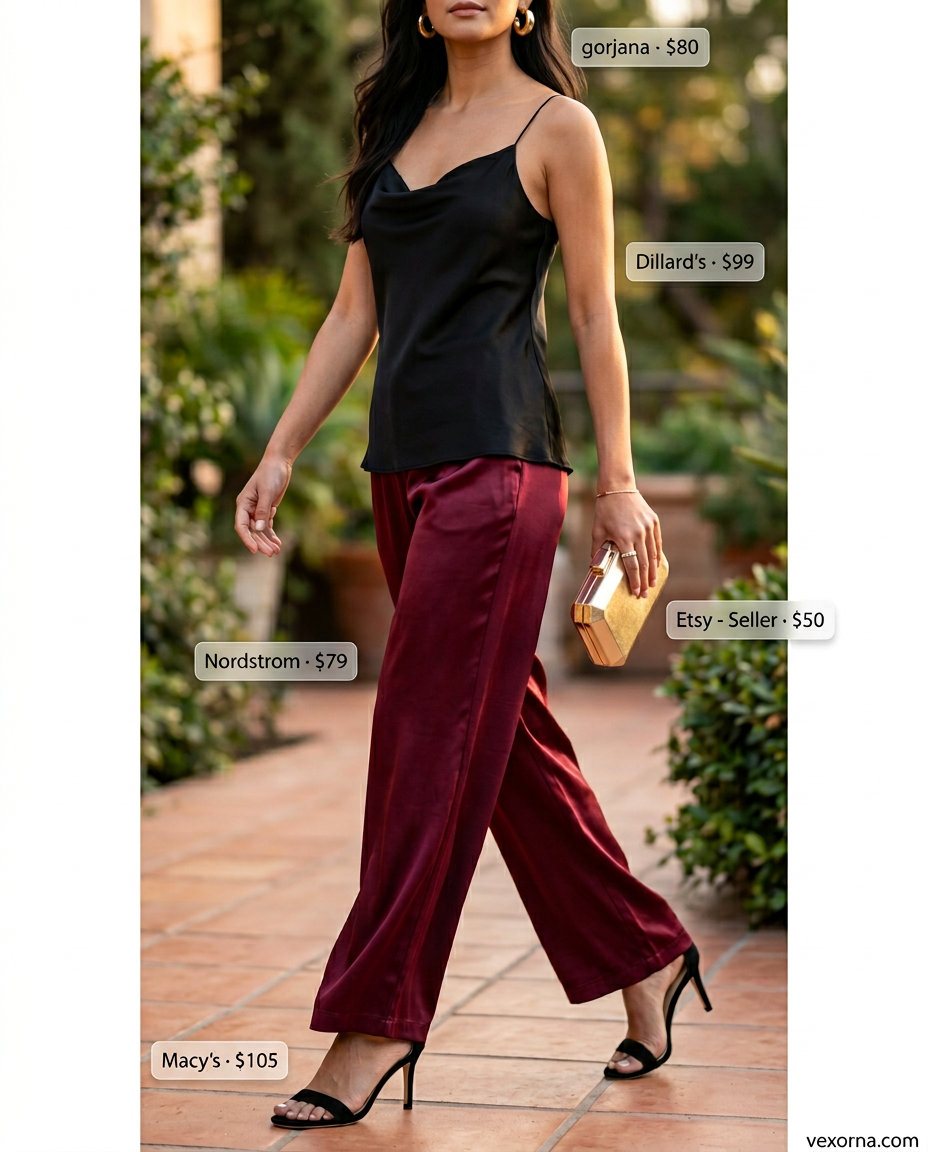 Burgundy low-waist wide-leg palazzo trousers for women 2026, paired with a black camisole and gold accessories.