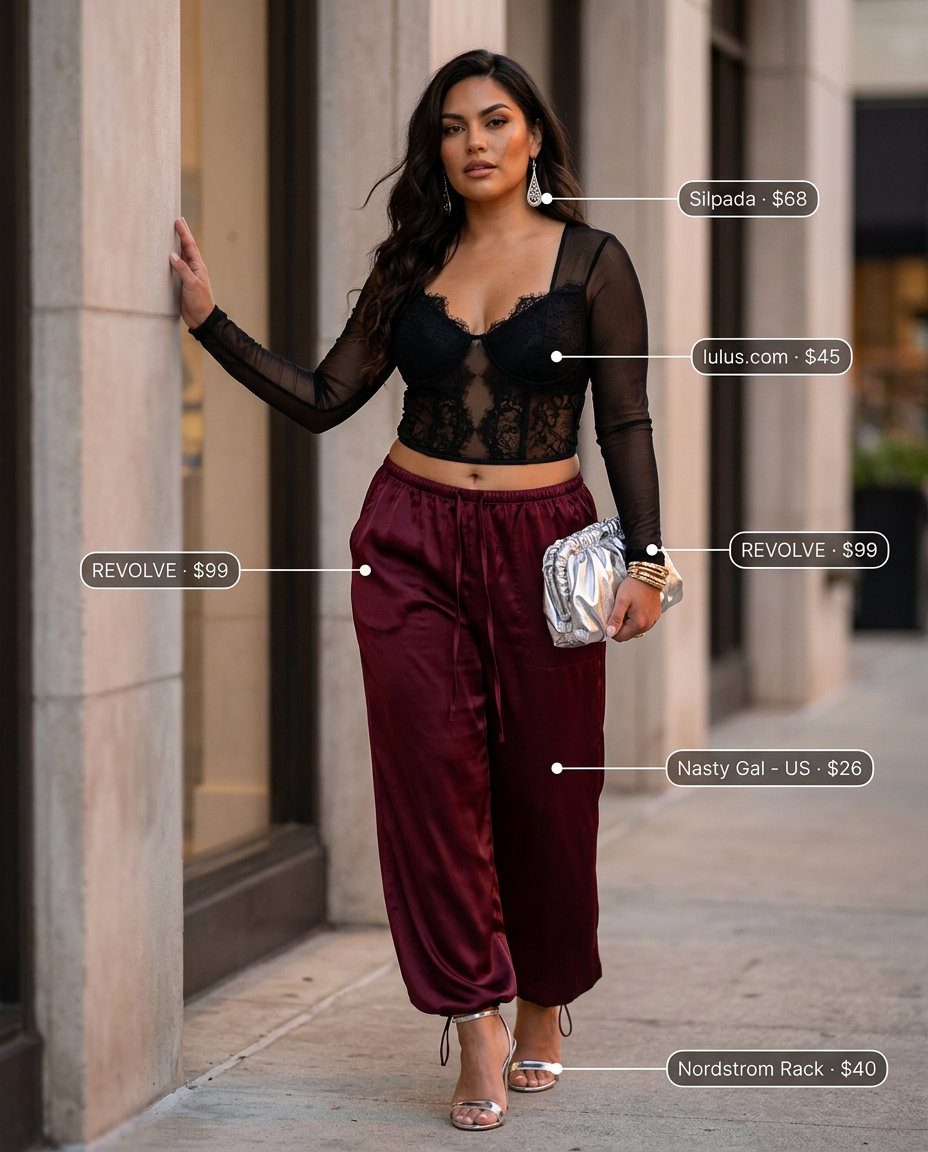 Burgundy low-waist wide-leg satin trousers for women 2026, paired with a black lace bodysuit and silver heels.