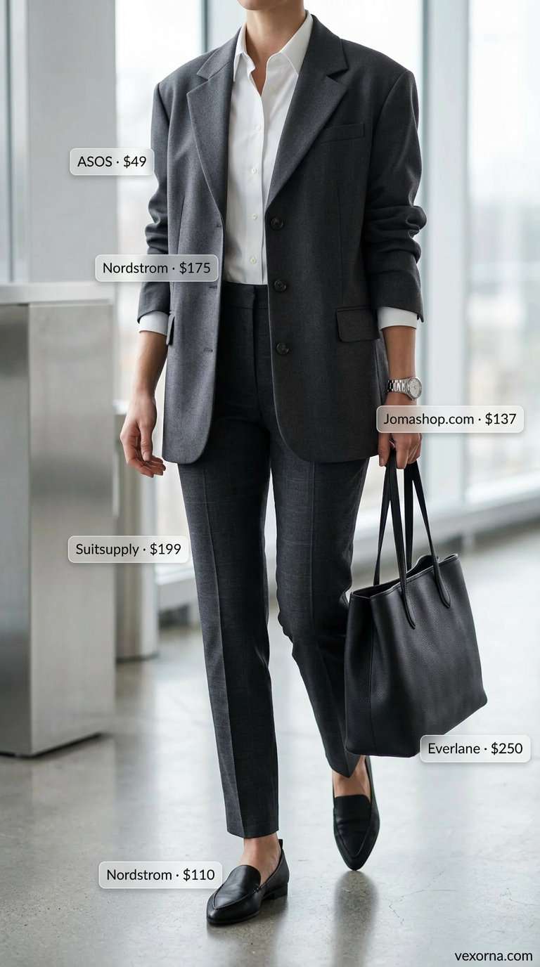 Charcoal grey low-waist tailored trousers for women 2026, styled with a blazer and loafers for business casual.