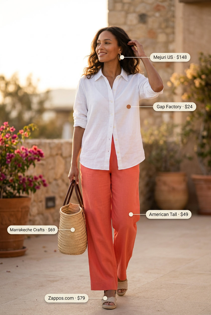 Coral linen low-waist wide-leg trousers for women 2026, paired with a white linen shirt and espadrilles for vacation.
