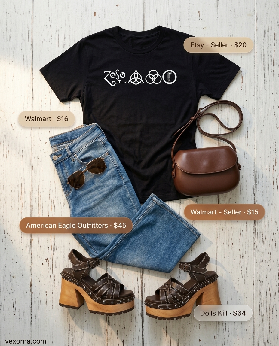 Denim blue low-waist flared jeans for women 2026, styled with a graphic tee and platform sandals for a retro look.