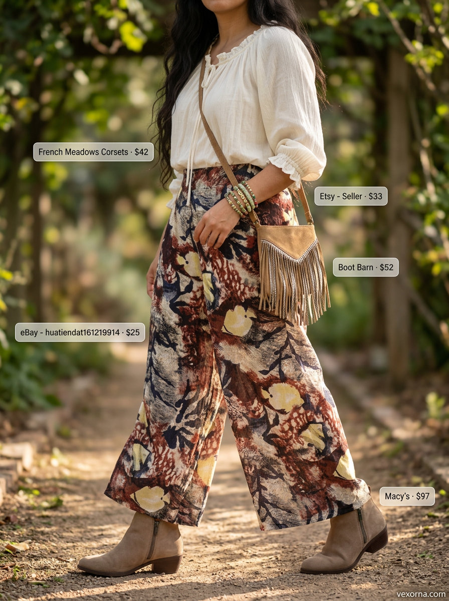 Boho floral print low-waist wide-leg trousers for women 2026, styled with a white peasant blouse and suede boots.