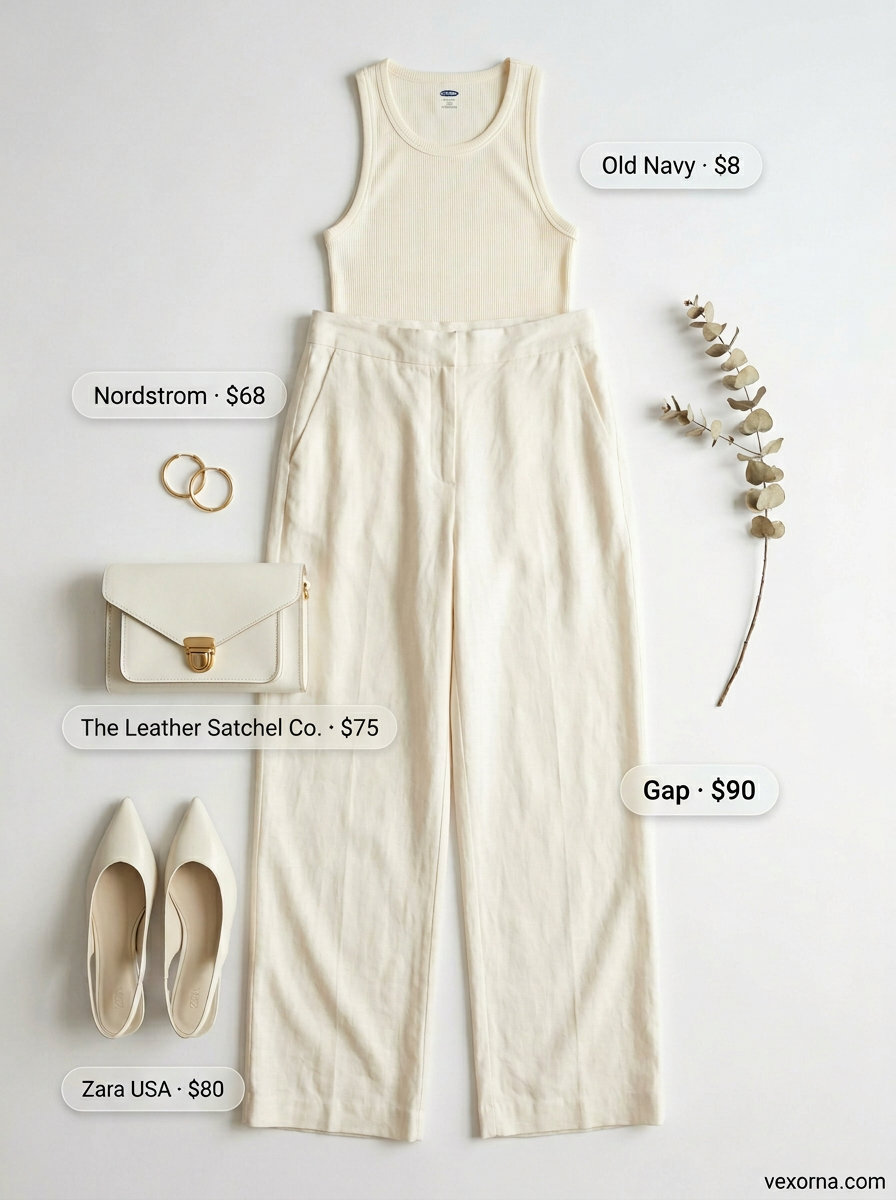 Ivory low-waist wide-leg trousers for women 2026, paired with a knit tank and kitten heels for an elegant look.