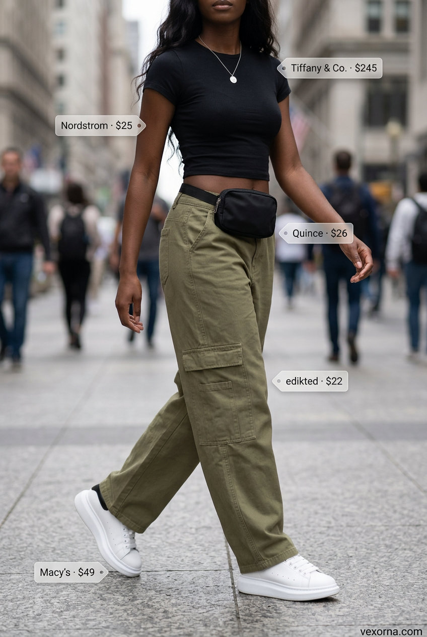 Olive green low-waist cargo trousers for women 2026, paired with a black crop top and sneakers for urban exploration.