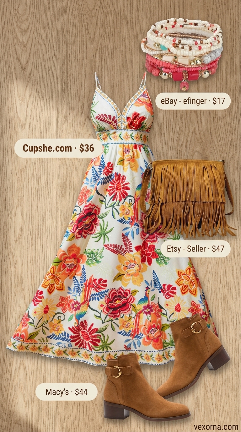 Boho summer maxi wrap dress outfits 2026 with floral print, suede boots, and beaded bracelets for a festival.