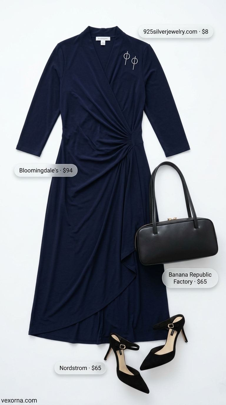 Polished summer maxi wrap dress outfits 2026 in navy blue with black mules and structured bag for city events.