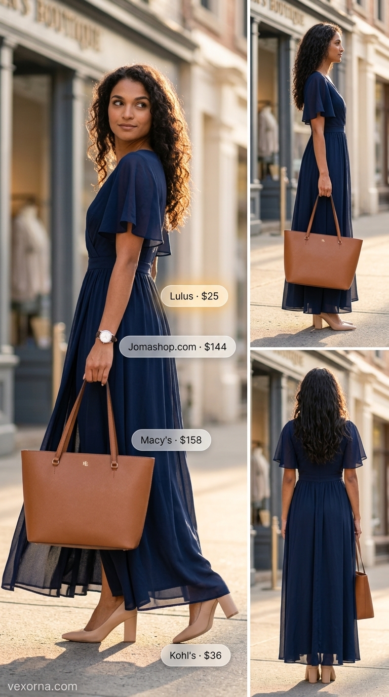Navy maxi wrap dress for office casual with block heel pumps and structured tote. Summer maxi wrap dress outfits 2026.