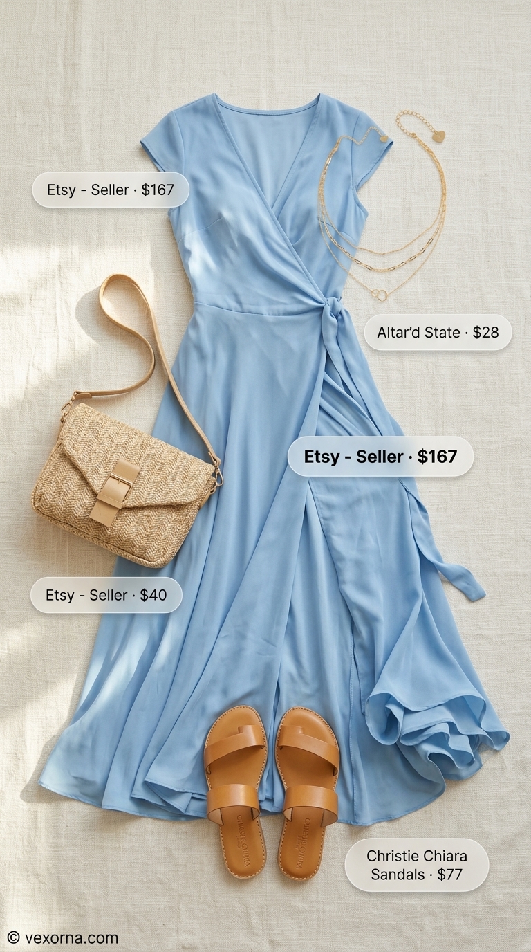 Sky blue maxi wrap dress outfit 2026 with flat slides and straw bag for beach vacations.