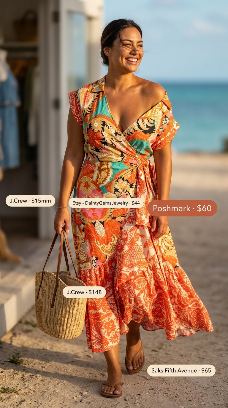 Teal floral maxi wrap dress outfit for beach brunch with leather sandals and straw tote. Summer maxi wrap dress outfits 2026.