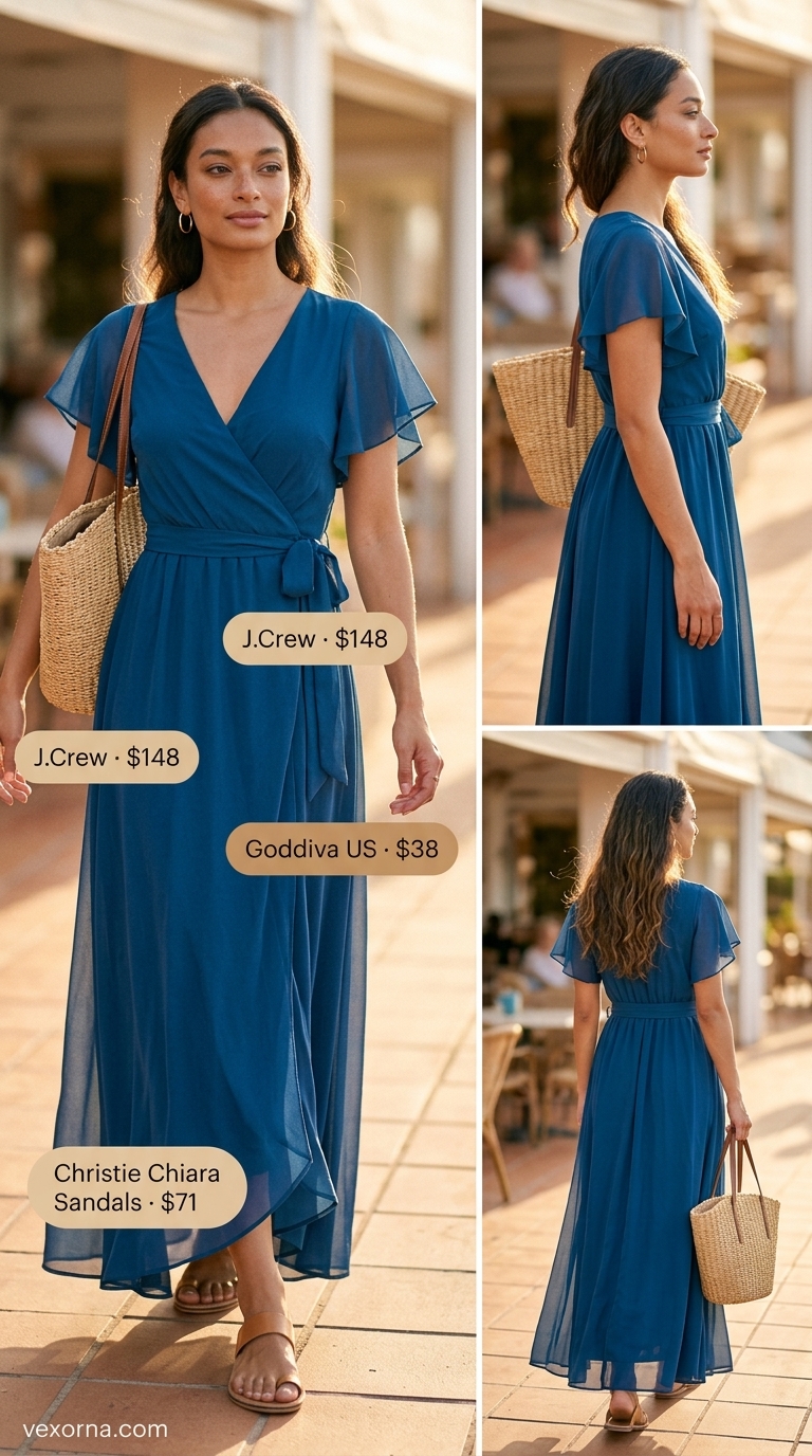 Relaxed summer maxi wrap dress outfits 2026 in ocean blue with flat sandals and oversized straw tote for vacation.