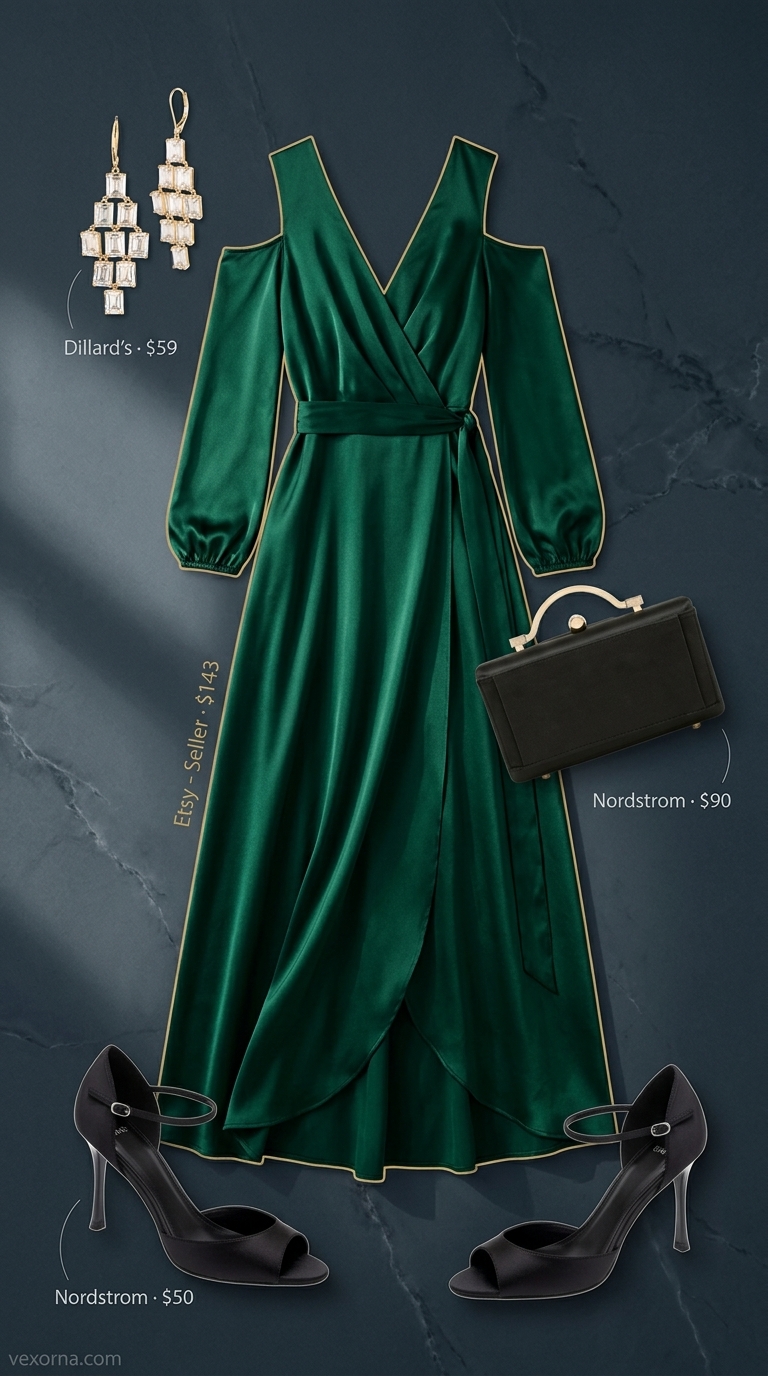 Glamorous summer maxi wrap dress outfits 2026 in emerald green satin with black heels and gold chandelier earrings.