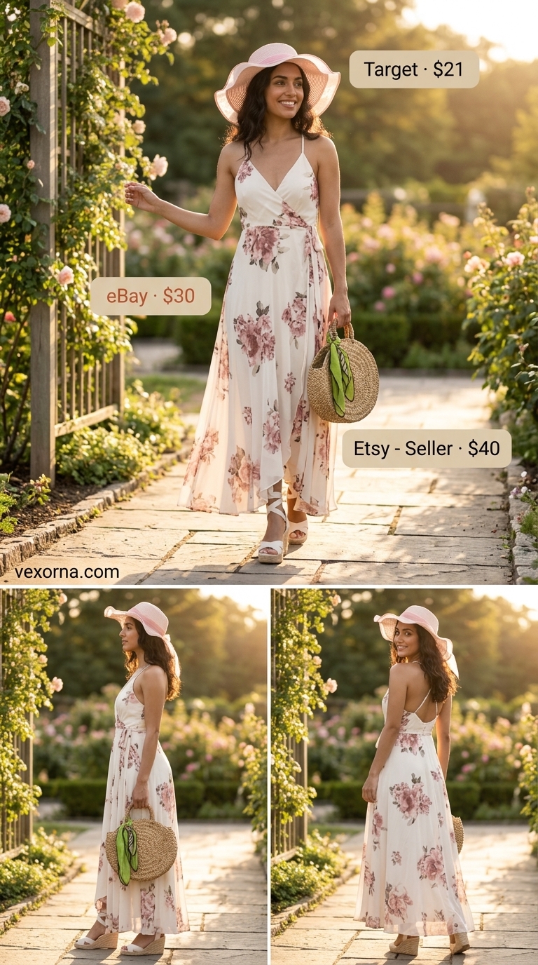 Feminine summer maxi wrap dress outfits 2026 with pastel floral print, straw hat, and espadrilles for garden parties.