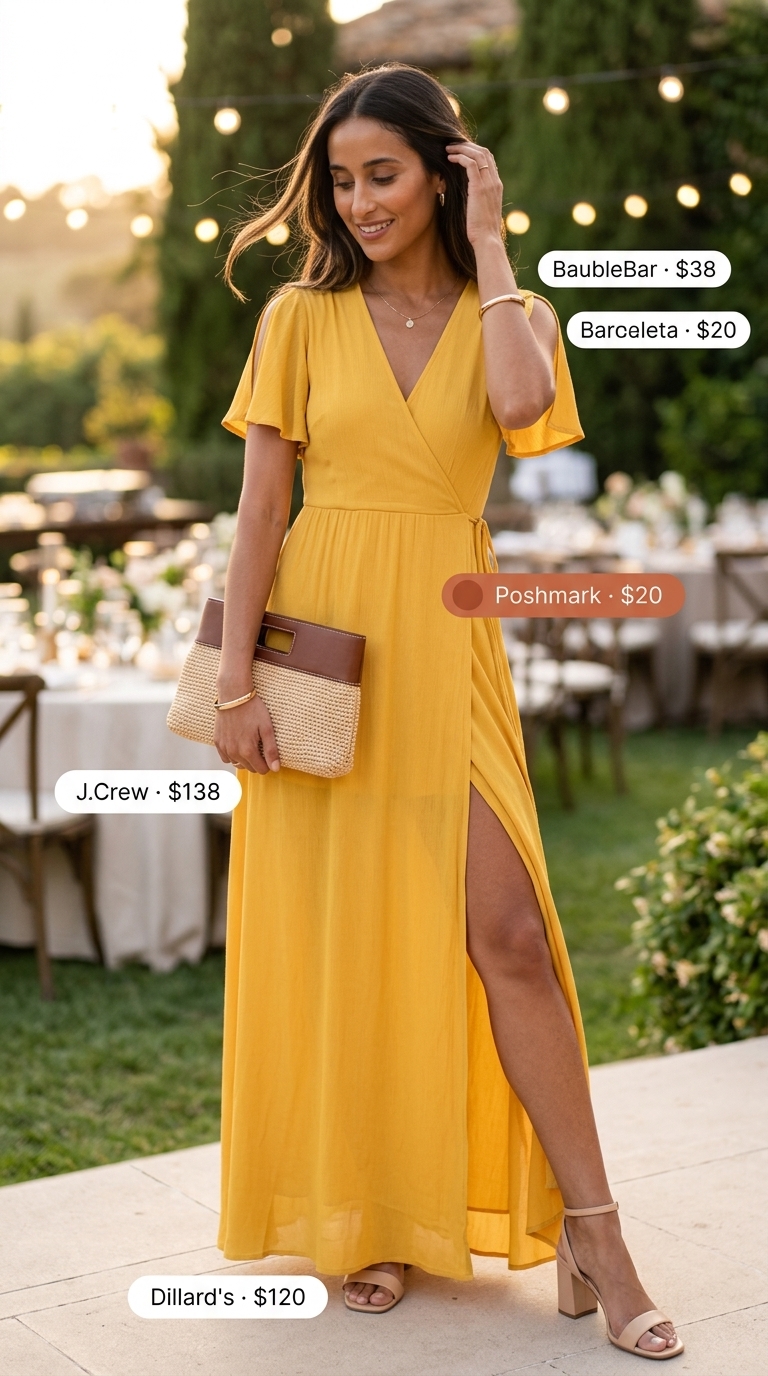 Mustard yellow maxi wrap dress for golden hour photoshoot with tan block heels and raffia clutch. Summer maxi wrap dress outfits 2026.