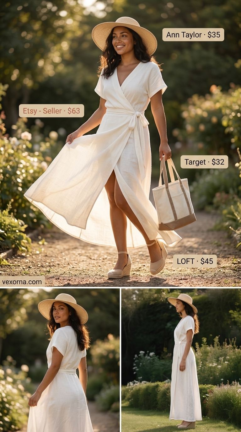 Ivory linen maxi wrap dress outfit 2026 with espadrilles and straw hat for casual outings.