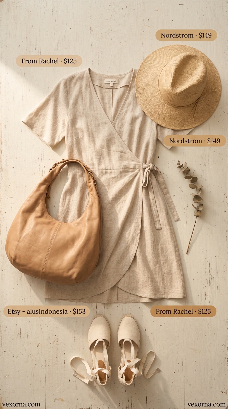 Comfortable summer maxi wrap dress outfits 2026 in natural beige linen with espadrilles and straw hat for travel.