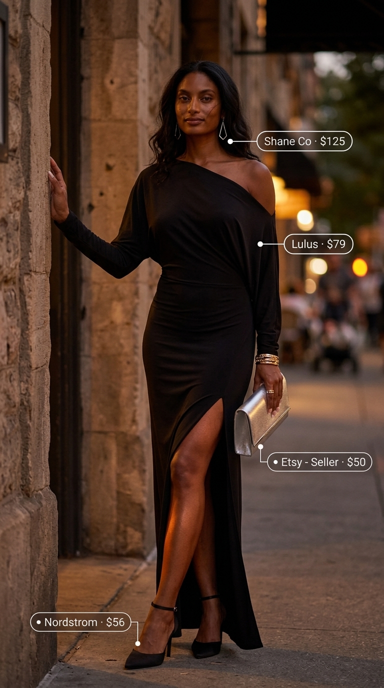 Black maxi wrap dress for cocktail hour with black heels and silver clutch. Summer maxi wrap dress outfits 2026.