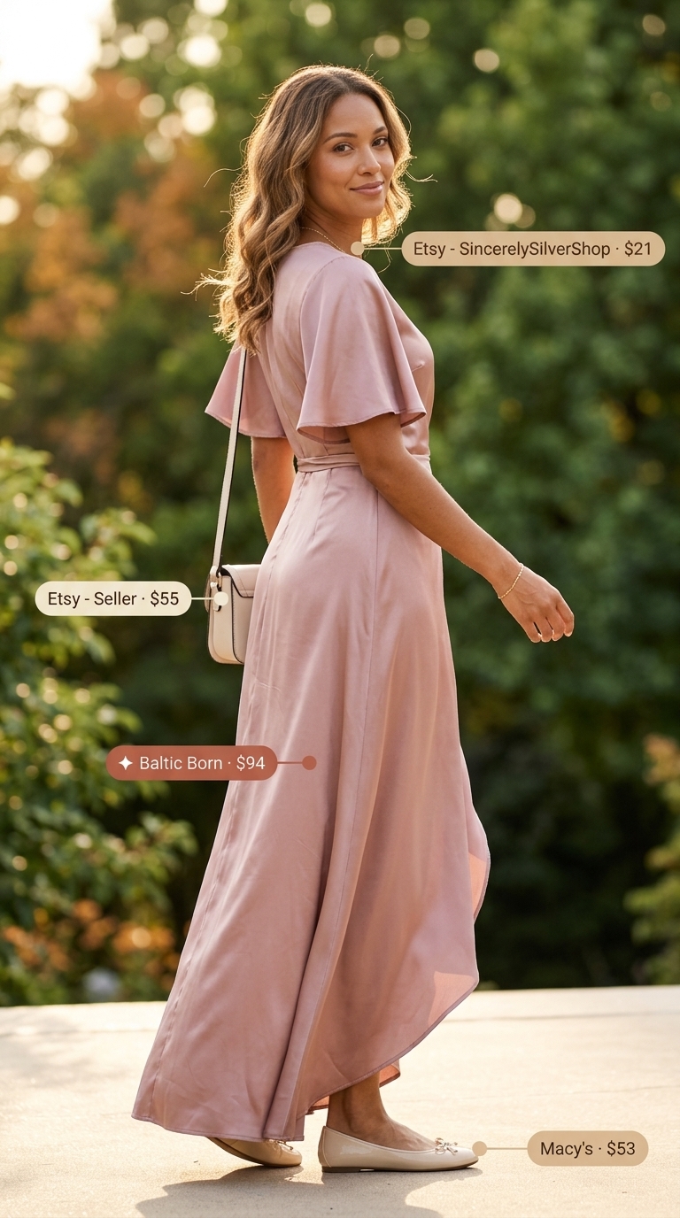 Pastel lavender maxi wrap dress outfit 2026 with cream flats and gold jewelry for a garden party.