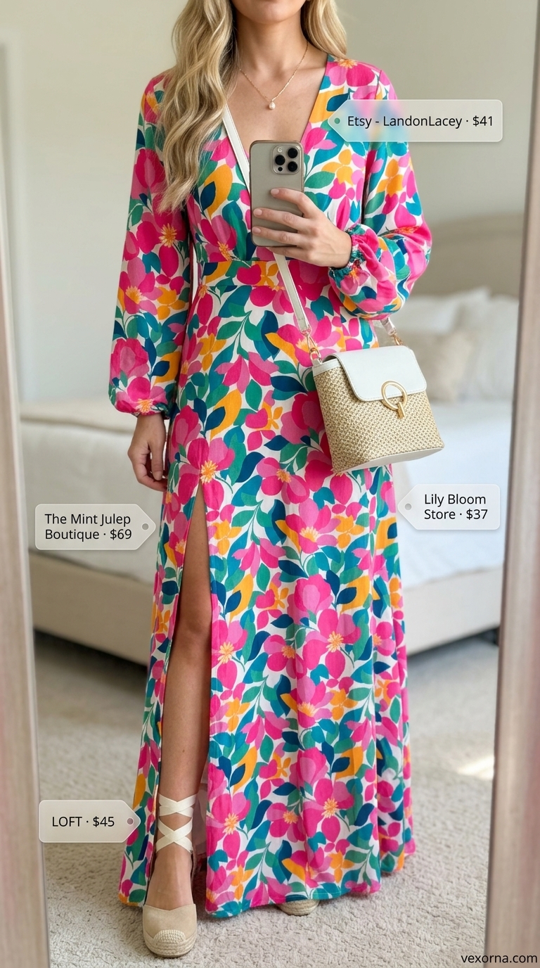 Romantic pastel floral maxi wrap dress outfit 2026 with espadrilles and straw bag for garden parties.