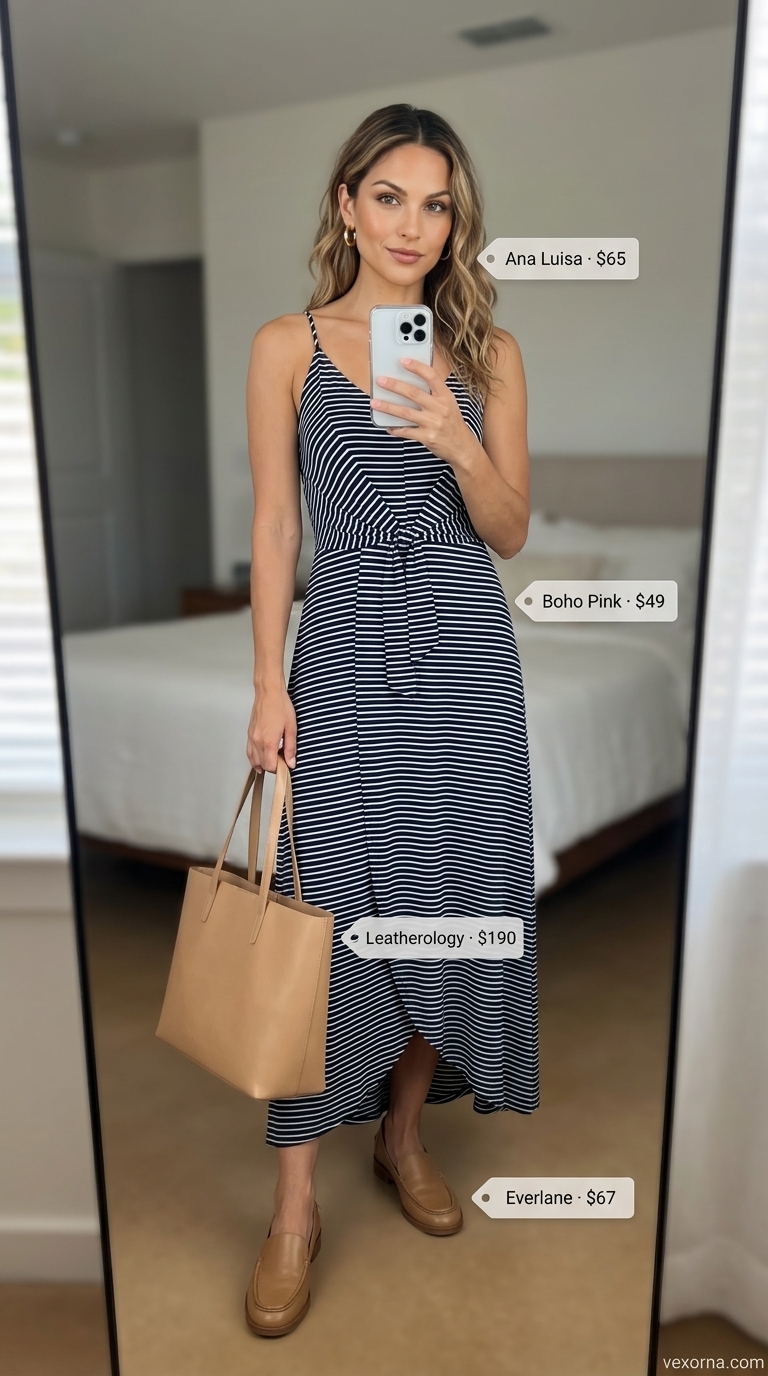 Chic navy and white stripe maxi wrap dress outfit 2026 with tan loafers and tote for coastal getaways.