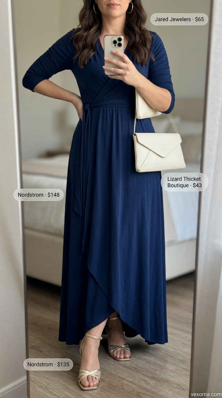 Navy blue maxi wrap dress outfit 2026 with gold heels and clutch for summer soirées.