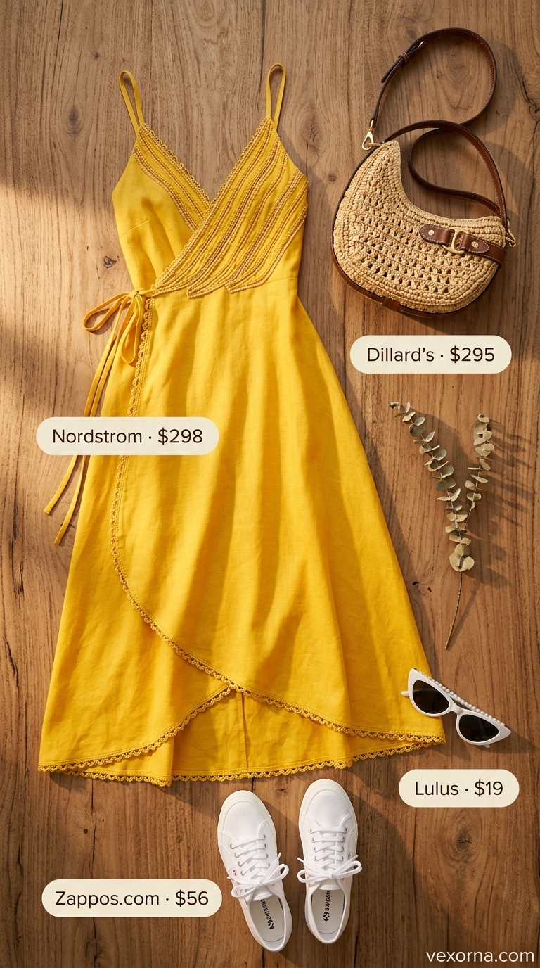 Cheerful summer maxi wrap dress outfits 2026 in sunny yellow with white sneakers and cat-eye sunglasses.