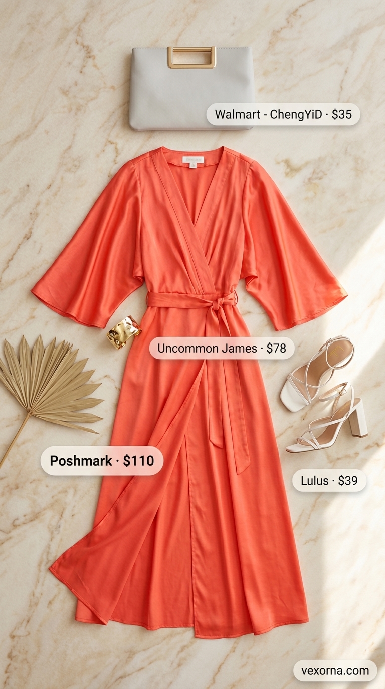 Coral satin maxi wrap dress for evening out with white heeled sandals and gold cuff. Summer maxi wrap dress outfits 2026.