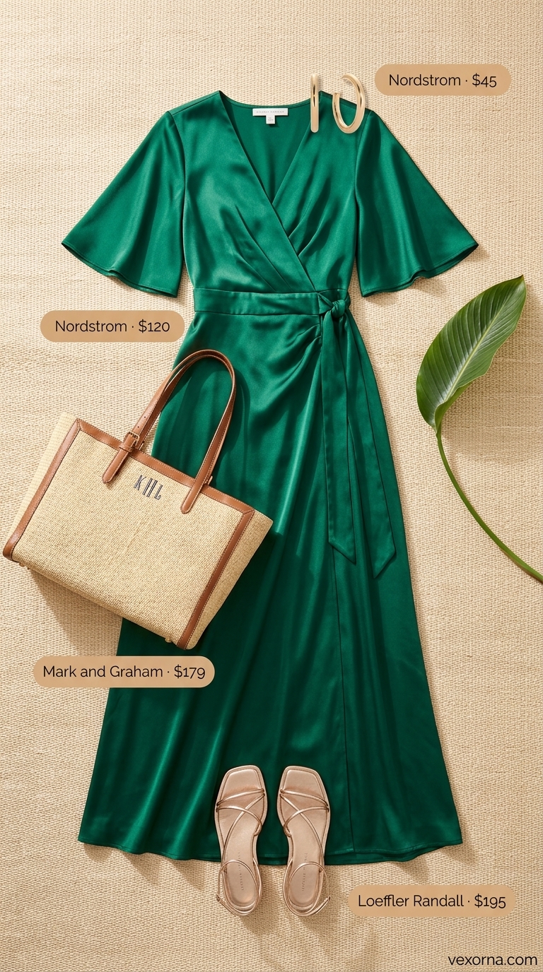 Emerald green satin maxi wrap dress for tropical vacation with raffia tote and gold earrings. Summer maxi wrap dress outfits 2026.