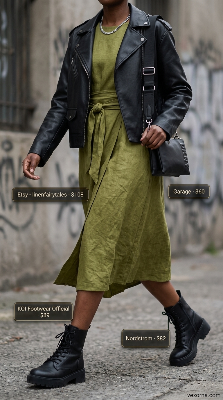 Edgy summer maxi wrap dress outfits 2026 in olive green with moto jacket, combat boots, and silver chain.
