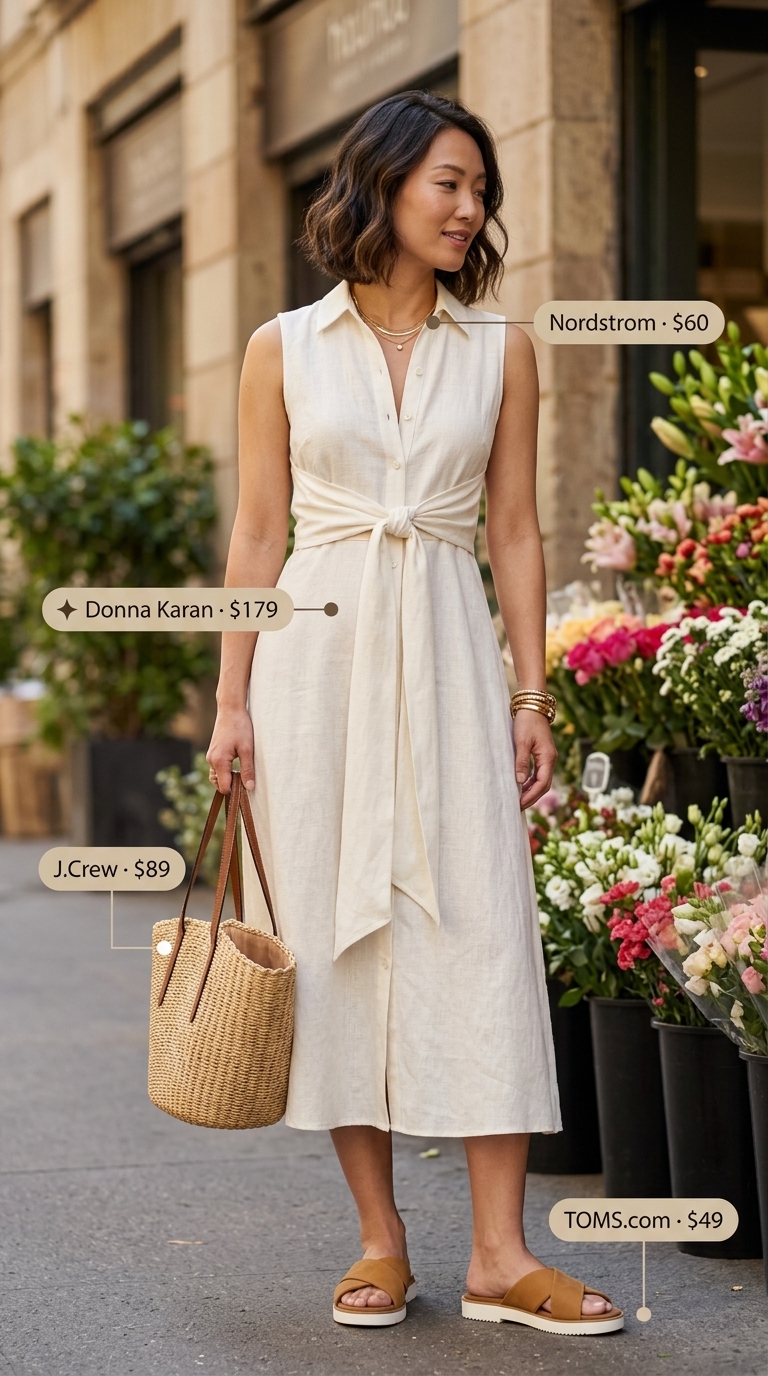 Mid-Morning Market Elegance Outfit 2026 Cream linen A-line midi dress, tan leather slides, and straw tote for a summer midi outfit for women over 40 2026.