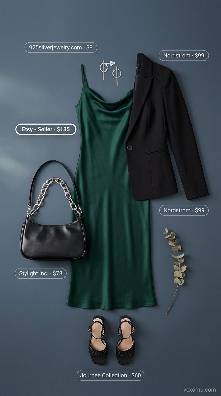 Urban Summer Elegance Outfit 2026 Emerald green satin slip midi dress, black blazer, and silver sandals for a summer midi outfit for women over 40 2026.