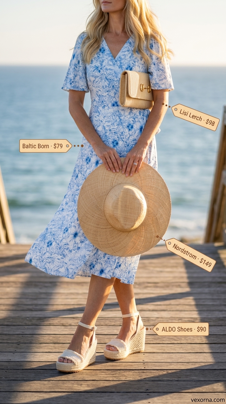 Riviera Floral Escape Outfit 2026 Floral print wrap midi dress, espadrille wedges, and straw hat for a summer midi outfit for women over 40 2026.
