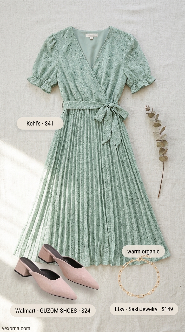 Effortless Garden Party Outfit 2026 Sage green floral wrap midi dress, nude mules, and crossbody bag for a summer midi outfit for women over 40 2026.