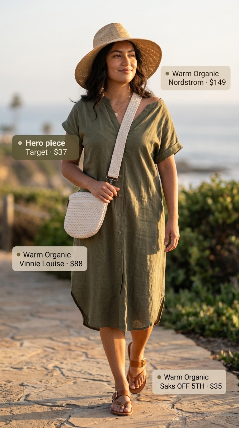 Earthy Traveler's Escape Outfit 2026 Khaki linen-blend midi dress, woven crossbody bag, and leather slides for a summer midi outfit for women over 40 2026.