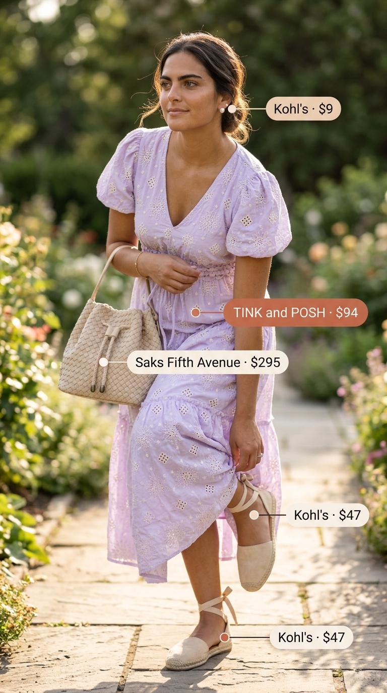 Romantic Lakeside Picnic Outfit 2026 Lavender eyelet lace midi dress, espadrille flats, and woven bag for a summer midi outfit for women over 40 2026.